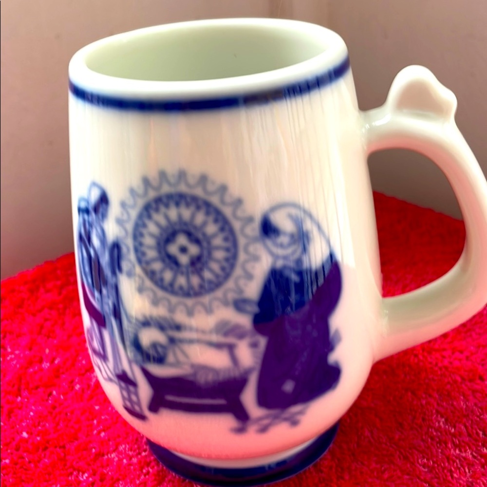 Vtg 5” Porsgrund Blue White Mug Nativity Scene The Holy Family Norway 1971